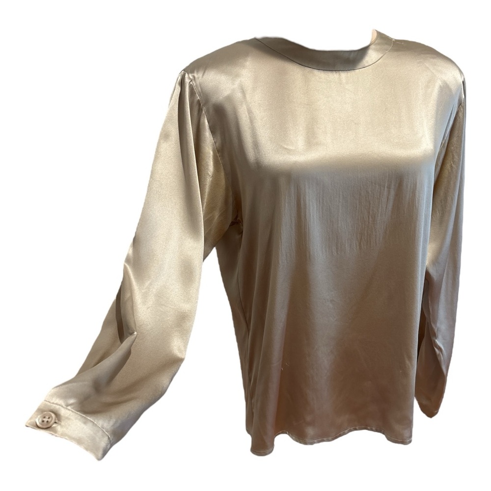 80s TALBOTS SILK PEWTER TAN SLEEK LONG SLEEVE & JEWEL NECKLINE MINIMALIST SZ 6 - Picture 4 of 10